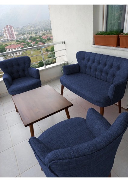 - Roma Çay Seti Koltuk Takımı - Keten Kumaş - Ahşap Ayak - Mavi