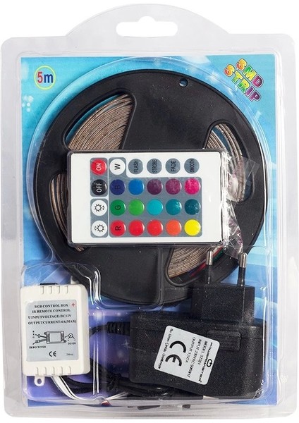 Silikonlu 5 Metre Şerit LED - Rbg LED Animasyon Devreli 5 Metre Şerit - 220V Adaptörlü Şerit LED