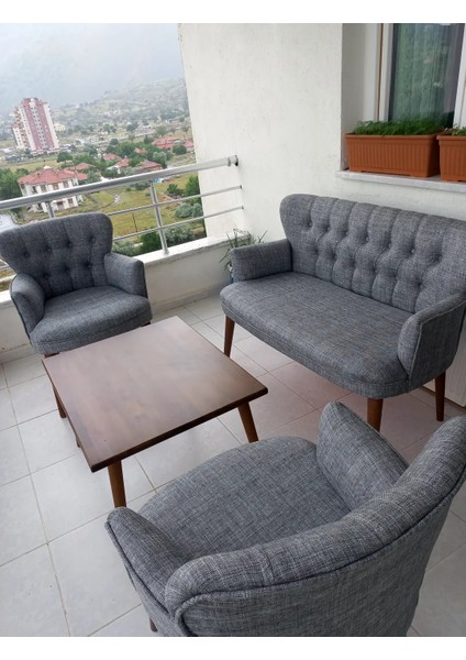 - Roma Çay Seti Koltuk Takımı - Keten Kumaş - Ahşap Ayak - Gri