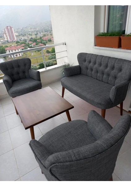 - Roma Çay Seti Koltuk Takımı - Keten Kumaş - Ahşap Ayak - Koyu Gri