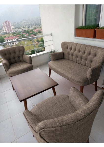 - Roma Çay Seti Koltuk Takımı - Keten Kumaş - Ahşap Ayak - Kahverengi