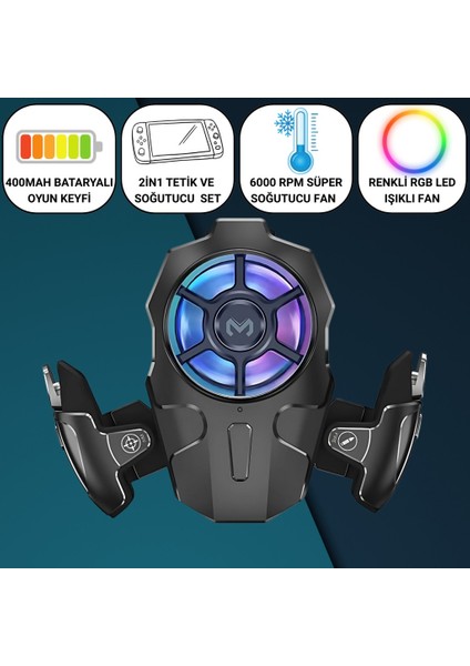 Rgb Işıklı 2si 1 Arada Oyun Tetik ve Telefon Soğutucu – 6000 Rpm Süper Fan, 400MAH Batarya, Pubg ve Call Of Duty Uyumlu