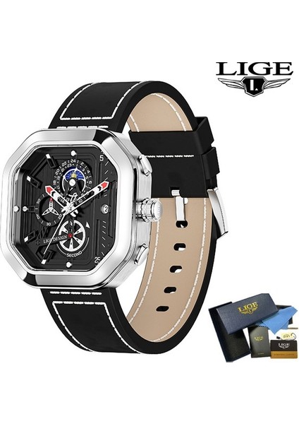 Gümüş Siyah Lıge Üst Marka Lüks Erkek Saatler Kare Spor Moda Kuvars Izle Erkekler Için Su Geçirmez Kronograf Kol Saati Reloj Hombre + Kutu (Yurt Dışından)