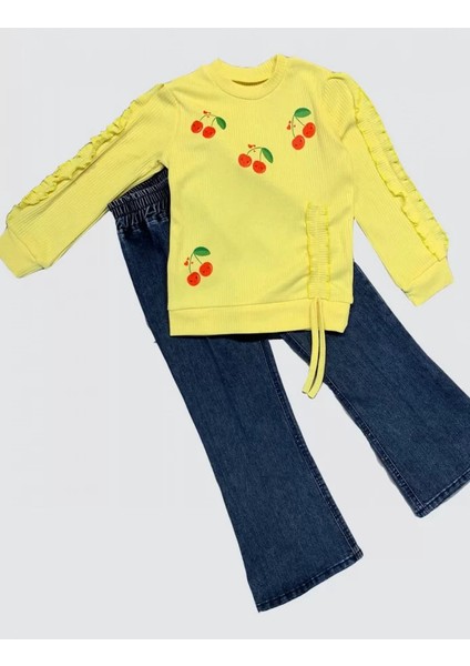 4-5-6 Yaş Kot Pantolonlu Kiraz Desenli Penye Sweat Uzun Kollu 2li Kız Çocuk Takımı Sarı
