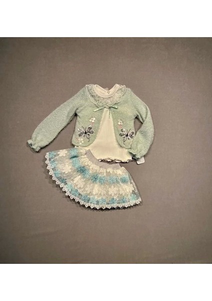 1-2-3 Yaş Brode Etekli Örme Hırkalı Uzun Kollu Sweat 3lü Kız Çocuk Takımı Su Yeşili