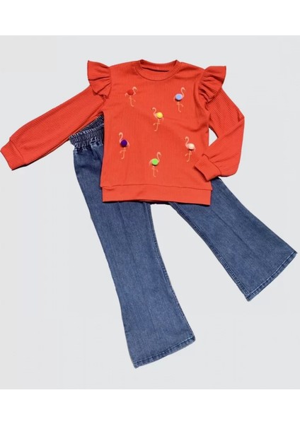 4-5-6 Yaş Kot Pantolonlu Flamingo Desenli Penye Sweat Uzun Kollu 2li Kız Çocuk Takımı Kırmızı