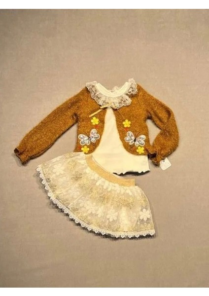 1-2-3 Yaş Brode Etekli Örme Hırkalı Uzun Kollu Sweat 3lü Kız Çocuk Takımı Hardal