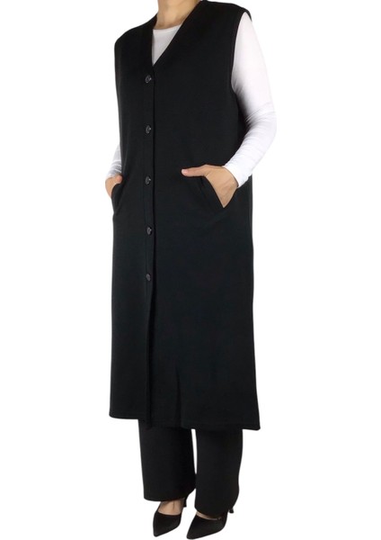 Kadın Önü Düğmeli Uzun Cepli Mevsimlik Çelik Örgü Yelek