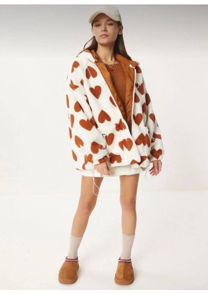 Trend Kalp Desenli Kapüşonlu Polar