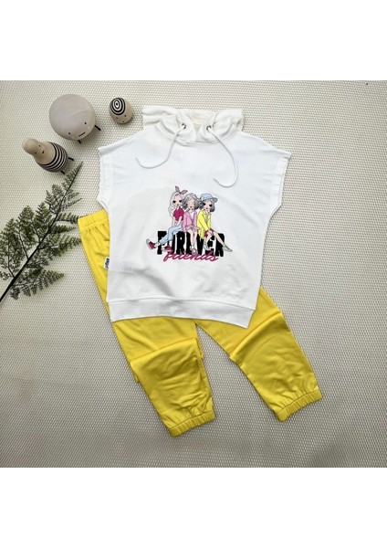 3-4-5 Yaş Forever Cici Kızlar Baskılı Kapşonlu 2li Kız Çocuk Takımı Sarı