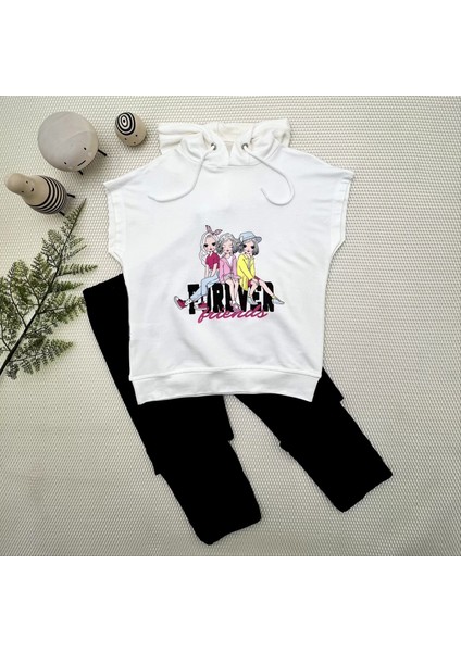 3-4-5 Yaş Forever Cici Kızlar Baskılı Kapşonlu 2li Kız Çocuk Takımı Siyah