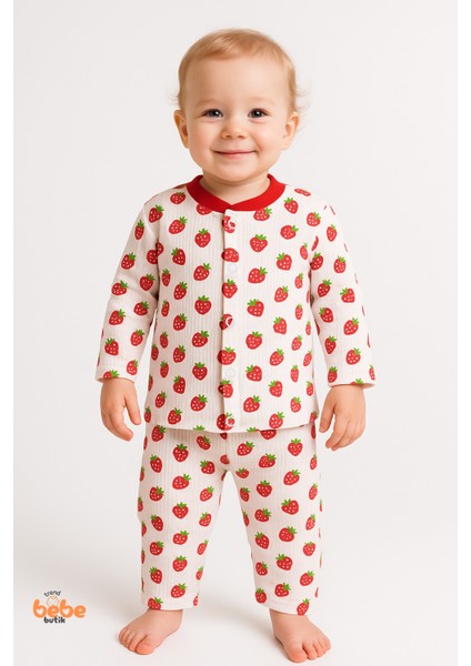 Çilek Desenli Bebek Pijama Takımı 9-12 Ay %100 Pamuk,unisex Bebek 2’li Set Uzun Kollu Rahat ve Şirin