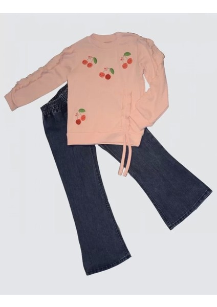 4-5-6 Yaş Kot Pantolonlu Kiraz Desenli Penye Sweat Uzun Kollu 2li Kız Çocuk Takımı Pudra