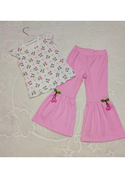 1-2-3-4 Yaş Kiraz Baskılı Tişört Ispanyol Paçalı Likralı 2li Kız Çocuk Takımı Pembe