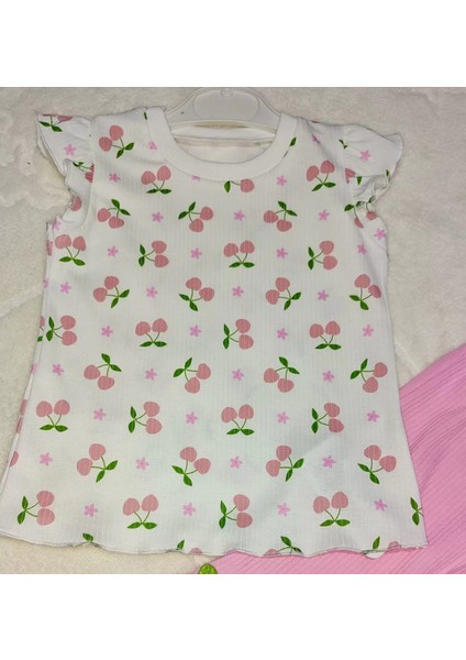 1-2-3-4 Yaş Kiraz Baskılı Tişört Ispanyol Paçalı Likralı 2li Kız Çocuk Takımı Pembe fiyatları