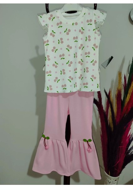 1-2-3-4 Yaş Kiraz Baskılı Tişört Ispanyol Paçalı Likralı 2li Kız Çocuk Takımı Pembe fırsatları