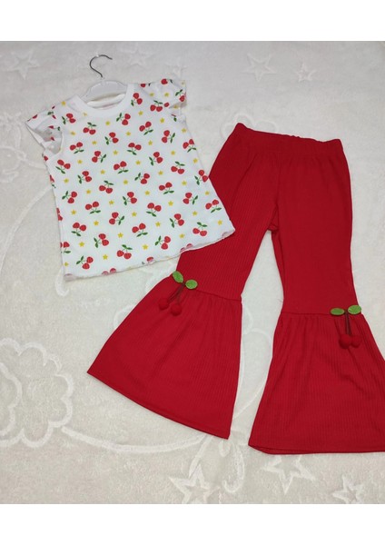 1-2-3-4 Yaş Kiraz Baskılı Tişört Ispanyol Paçalı Likralı 2li Kız Çocuk Takımı Kırmızı