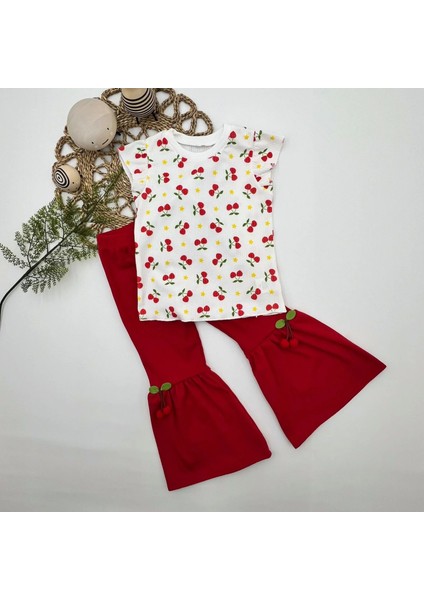 1-2-3-4 Yaş Kiraz Baskılı Tişört Ispanyol Paçalı Likralı 2li Kız Çocuk Takımı Kırmızı indirimleri