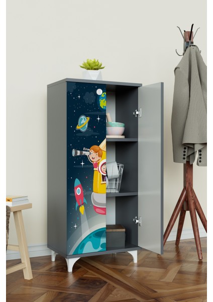 Uzay Temalı Çocuk Odası Dolap 3 Raflı Çok Amaçlı Baskılı Oyuncak Dolabı fiyatları