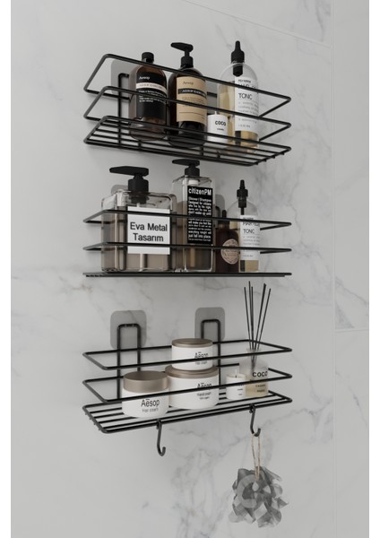 3'lü Set Yapışkanlı 2 Kancalı Paslanmaz Banyo Rafı Mat Siyah Banyo Şampuanlık Duşakabin Duş Askısı