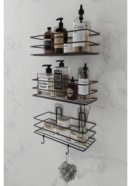 3'lü Set Yapışkanlı 2 Kancalı Paslanmaz Banyo Rafı Mat Siyah Banyo Şampuanlık Duşakabin Duş Askısı fiyatları