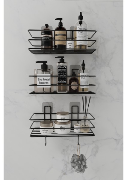 3'lü Set Yapışkanlı 2 Kancalı Paslanmaz Banyo Rafı Mat Siyah Banyo Şampuanlık Duşakabin Duş Askısı modelleri