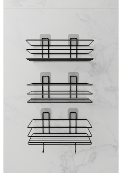 3'lü Set Yapışkanlı 2 Kancalı Paslanmaz Banyo Rafı Mat Siyah Banyo Şampuanlık Duşakabin Duş Askısı fırsatları