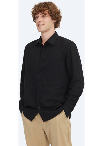Siyah Çizgili Regular Fit Dokuma Casual Gömlek