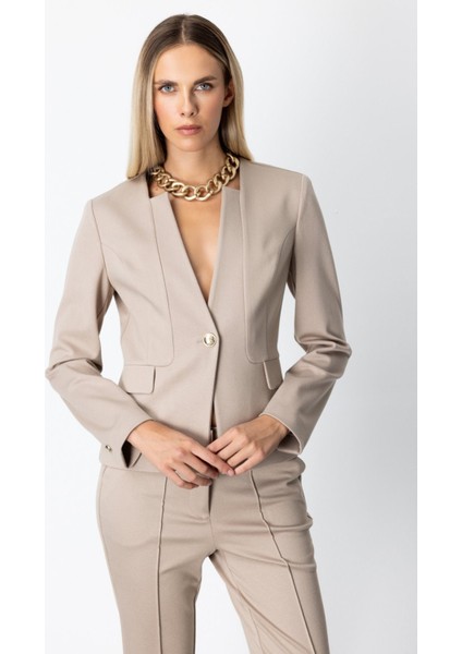 Tek Düğme Süs Kapak Cepli Ceket Vizon 05141