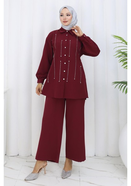 Taş Detaylı Takım Bordo 19266