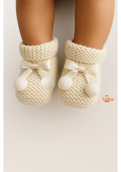 Kız Erkek Bebek Triko Patik – Ponponlu Fiyonklu Örgü Bebek Patik Çorap 1 Yaş Bebek Patiği