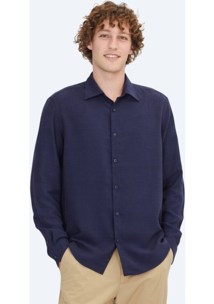 Lacivert Çizgili Regular Fit Dokuma Casual Gömlek
