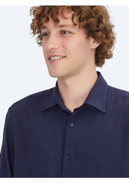 Lacivert Çizgili Regular Fit Dokuma Casual Gömlek modelleri