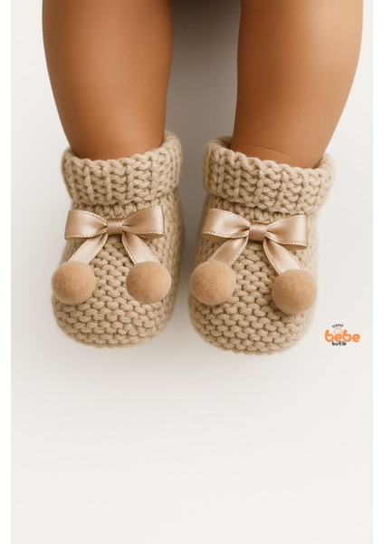Kız Erkek Bebek Triko Patik – Ponponlu Fiyonklu Örgü Bebek Patik Çorap 1 Yaş Bebek Patiği