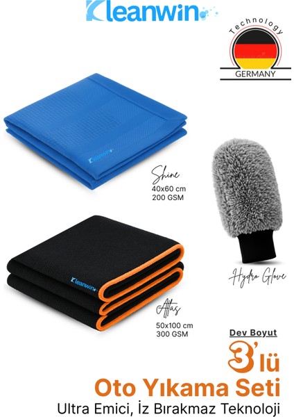 3’lü Premium Araç Temizlik Seti – Atlas Kurulama Bezi, Shine Cam Bezi, Hydroglove Eldiven