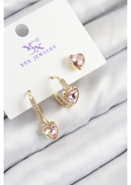 Pirinç Zirkon Taşlı 3'lü Pembe Kalp Model Gold Renk Kadın Küpe