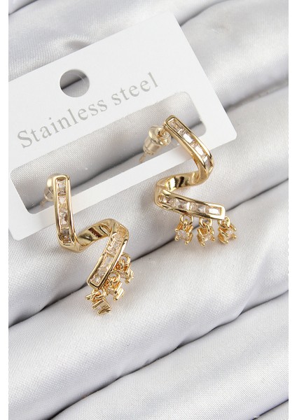 Pirinç Zirkon Taşlı Kıvrımlı Model Gold Renk Kadın Küpe