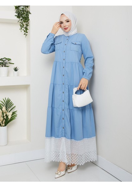 Dantelli Doğal Kumaşlı Boydan Düğmeli Kot Elbise Koyu Mavi