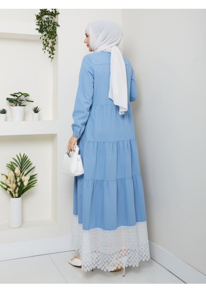 Dantelli Doğal Kumaşlı Boydan Düğmeli Kot Elbise Koyu Mavi fiyatları