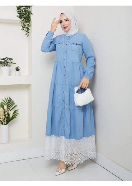 Dantelli Doğal Kumaşlı Boydan Düğmeli Kot Elbise Koyu Mavi modelleri