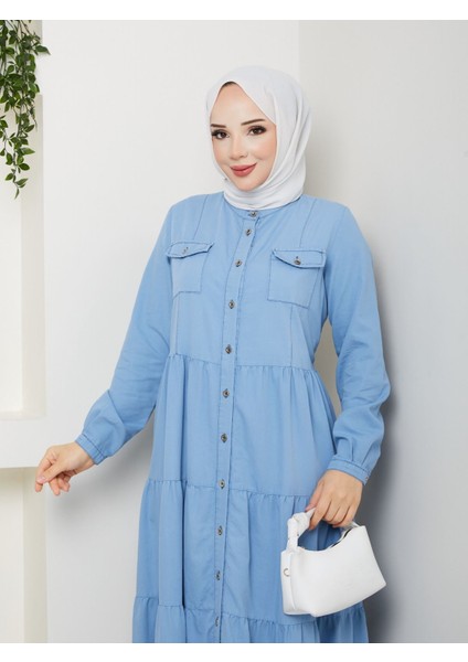 Dantelli Doğal Kumaşlı Boydan Düğmeli Kot Elbise Koyu Mavi fırsatları