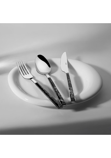 Tulip Siyah 6 Kişilik Mermer Desenli 18 Parça Kutulu Çatal Kaşık Bıçak Takımı