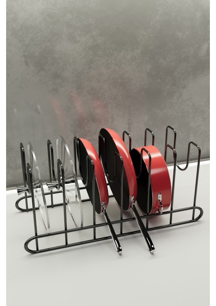 Metal Siyah Renk Tava ve Tencere Kapağı Düzenleyici Raf Mutfak Dolabı Tel Tencere Tava Organizeri