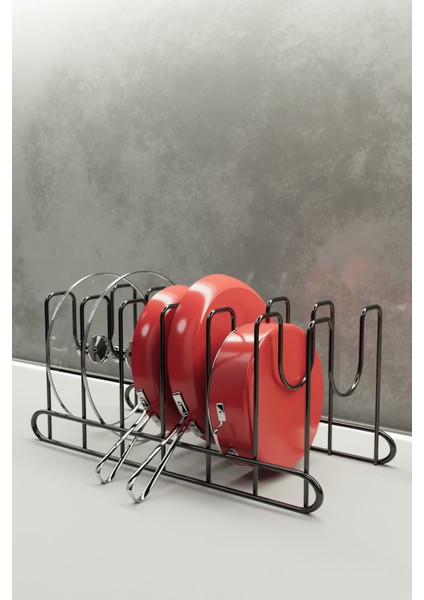 Metal Siyah Renk Tava ve Tencere Kapağı Düzenleyici Raf Mutfak Dolabı Tel Tencere Tava Organizeri modelleri