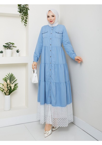 Dantelli Doğal Kumaşlı Boydan Düğmeli Kot Elbise Koyu Mavi indirimleri