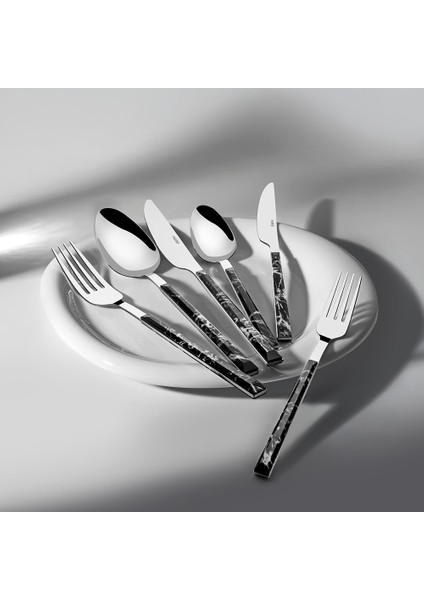 Tulip Siyah 6 Kişilik Mermer Desenli 30 Parça Kutulu Çatal Kaşık Bıçak Takımı