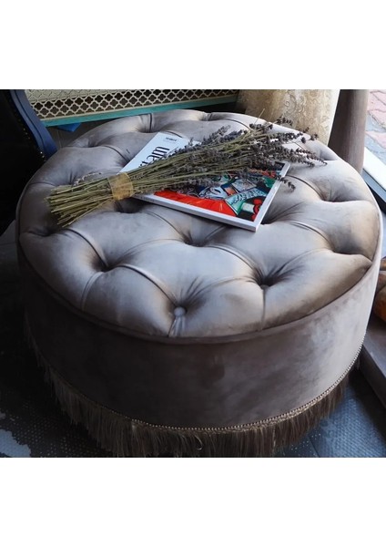 Bej Rengi Kapitoneli 70X40 cm Dekoratif Püsküllü Vintage Puf