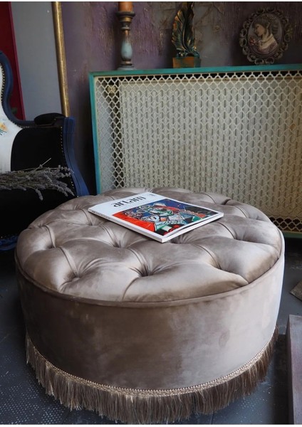 Bej Rengi Kapitoneli 70X40 cm Dekoratif Püsküllü Vintage Puf indirimleri