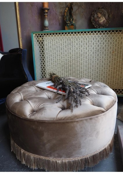 Bej Rengi Kapitoneli 70X40 cm Dekoratif Püsküllü Vintage Puf