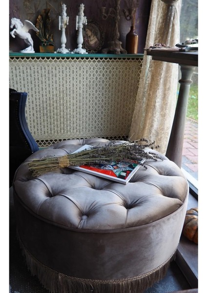 Bej Rengi Kapitoneli 70X40 cm Dekoratif Püsküllü Vintage Puf